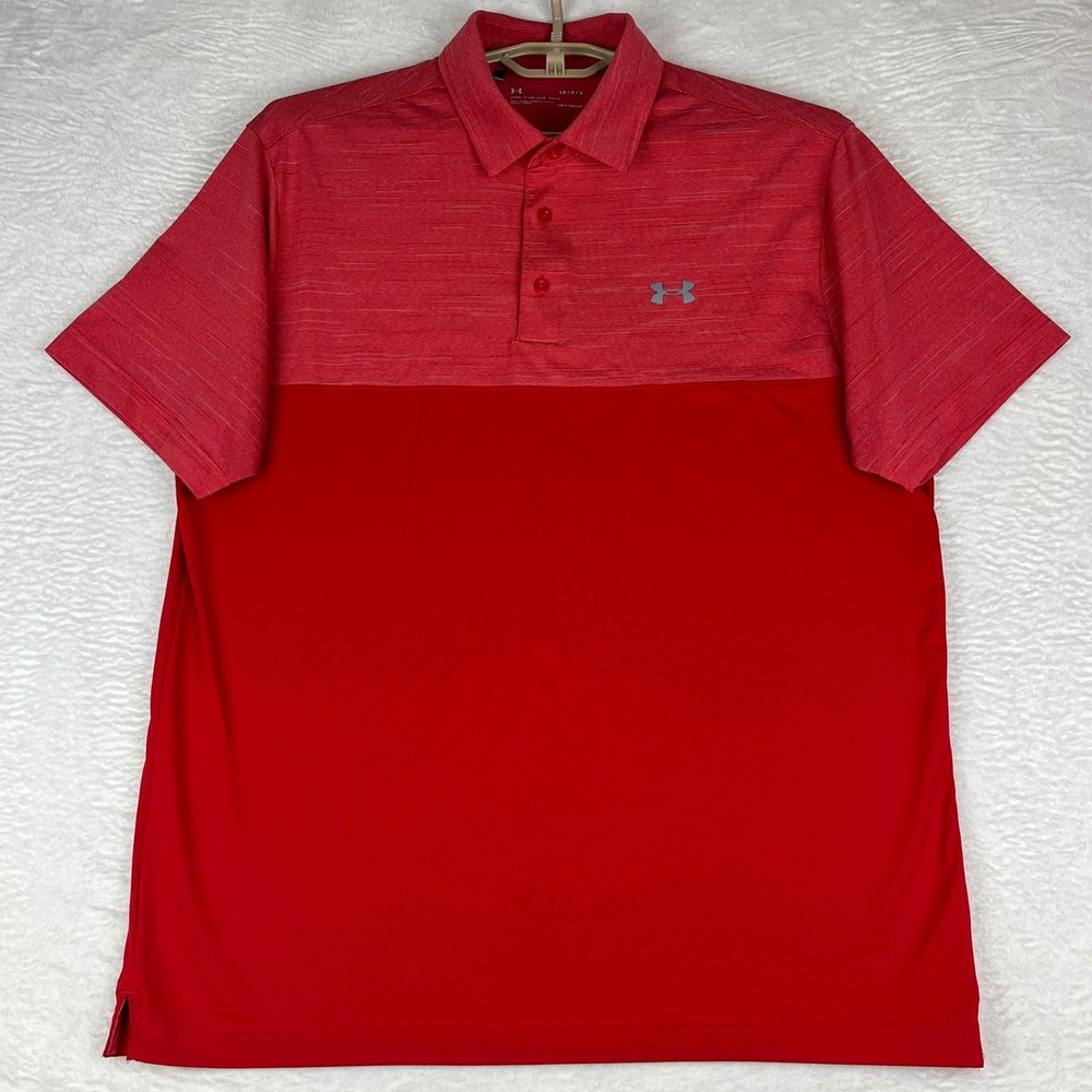 Under Armour Polo Shirt Mens Large (LG) HeatGear Red Colorblock Short Sleeve